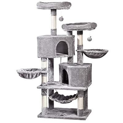 JISSBON 145cm Cat Tree Cat Tower Cat Scratching Post with Condos, Basket, Hammock & Plush Perches for Kittens, Large Cats, Light Grey