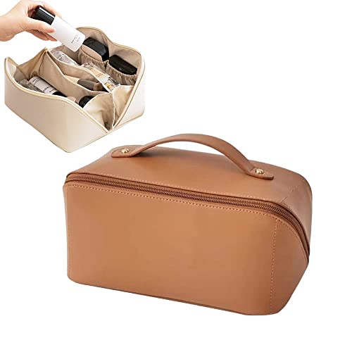 Bolsa de aseo de viaje de gran capacidad, bolsa de aseo de cuero impermeable, portátil para maquillaje, vanidad y kits de maquillaje con asa y separador, marrón, neceser de aseo