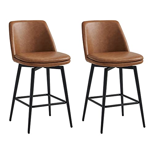 CHITA Counter Height Swivel Barstools FSC Certified Upholstered Faux Leather Bar Stools Set of 2 Metal Base 272 Seat Height Saddle Brown