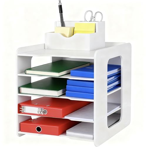 Letter Tray Organiser, A4 Paper Desk Organiser with Pen Holder, 5 Tiers letter organiser, Office Filing Trays Holder, Desk File Tidy Organizer, Stackable Filing Tray for Home, Office, School