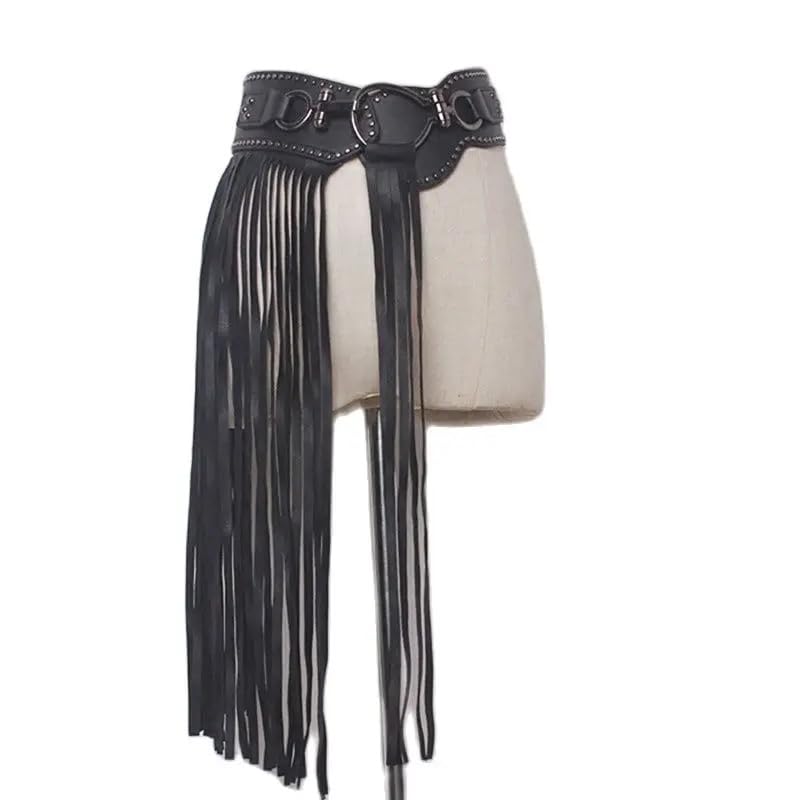 Earthradius Punk Style Leather Tassel Skirt with Fringe Leather Rivet Wide Waistband Belt for Dresses Skirt Trousers
