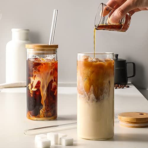 4 Set 20 Oz Drinking Glasses With Bamboo Lids And Straws, Borosilicate Glass Tumbler Cups - Tall Clear Iced Coffee Cups For Smoothie, Water, Juice, Coffee Bar Accessories - Cute Gifts, Reusable #TOP7