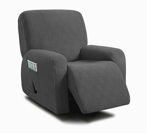 ULTICOR 4-Piece, 1 Seat Recliner Cover, Jacquared Stretch Reclining Chair Covers for 1 Cushion Reclining Sofa, Single Seat Recliner Couch Cover, Soft, Machine Washable (Style 4) (Dark Grey)