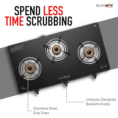 Image of BLOWHOT 3 Burner Manual Ignition Gas Stove | Tri -Pin Indian Brass Burners | Stainless Steel Dip Tray - 2 Year Warranty on Gas Stove - Majesty