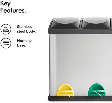 VonHaus Recycling Pedal Bin for Kitchen Waste - 45L Rubbish Capacity - 3 Colour Coded Recycle Compartments with Lids - Robust Metal Body with Stainless Steel Finish