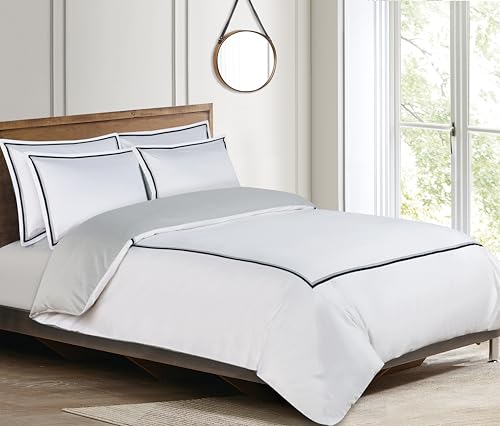 Majestic Giftware Madison Linen 6 Pcs King Size Bedding Set (BL57-K) | Lyon - Navy/Gray 400 TC Cotton Sateen Durable & Washable | 1 Fitted Sheet, 1 Duvet, 4 Pillowcases - Noble Collection