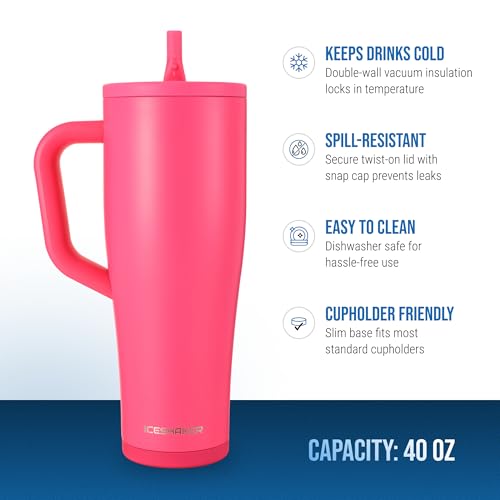 Image of Ice Shaker 40 oz Tumbler with Handle and Straw | 40oz Neon Pink | Cold for 30+ Hours | 2-in-1 Tumbler Shaker Bottle | Odor-Free 40 ounce Bottle for Water, Protein Shakes, Smoothies, Cocktails