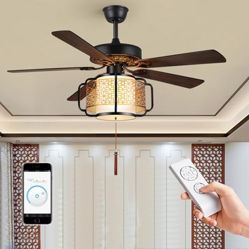 Ventilador de Techo con Luz y Mando, Ventiladores de Techo Enjaulados de 107 cm, Motor de CC Ajustable, Silencioso y Reversible de 6 Velocidades, Nueva Aspa de Ventilador de Madera de Estilo Chino(Gol