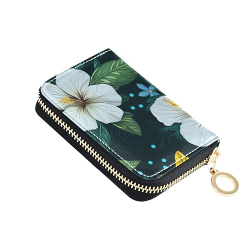 White Hibiscus Flower and Leaves Pattern Credit Card Holder Case Leather Printed Zipper ID Card Case Wallet Small RIFD Blocking Wallet for Women Girls