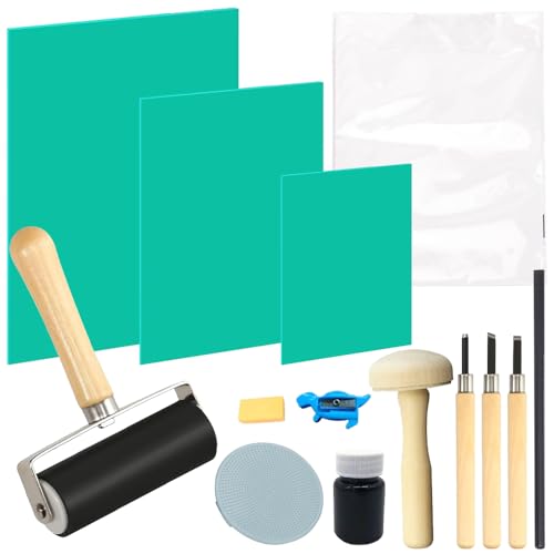 LUFEIS 43PCS Lino Printing Kit 3PCS A4 A5 A6 Lino Sheets with Cutting and Printing Tools & 30 Sheets of Rice Paper Green Soft Flat Surface Linocut Set for Engraving Printmaking DIY Stamp Crafts