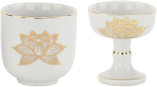 佛坛的Hasewa 佛具 茶杯 佛具套装 2个套装 (白金莲/中) 日本制造 佛饭 佛器 茶杯 (白/金莲图案) 佛龛 佛具 佛龛用品