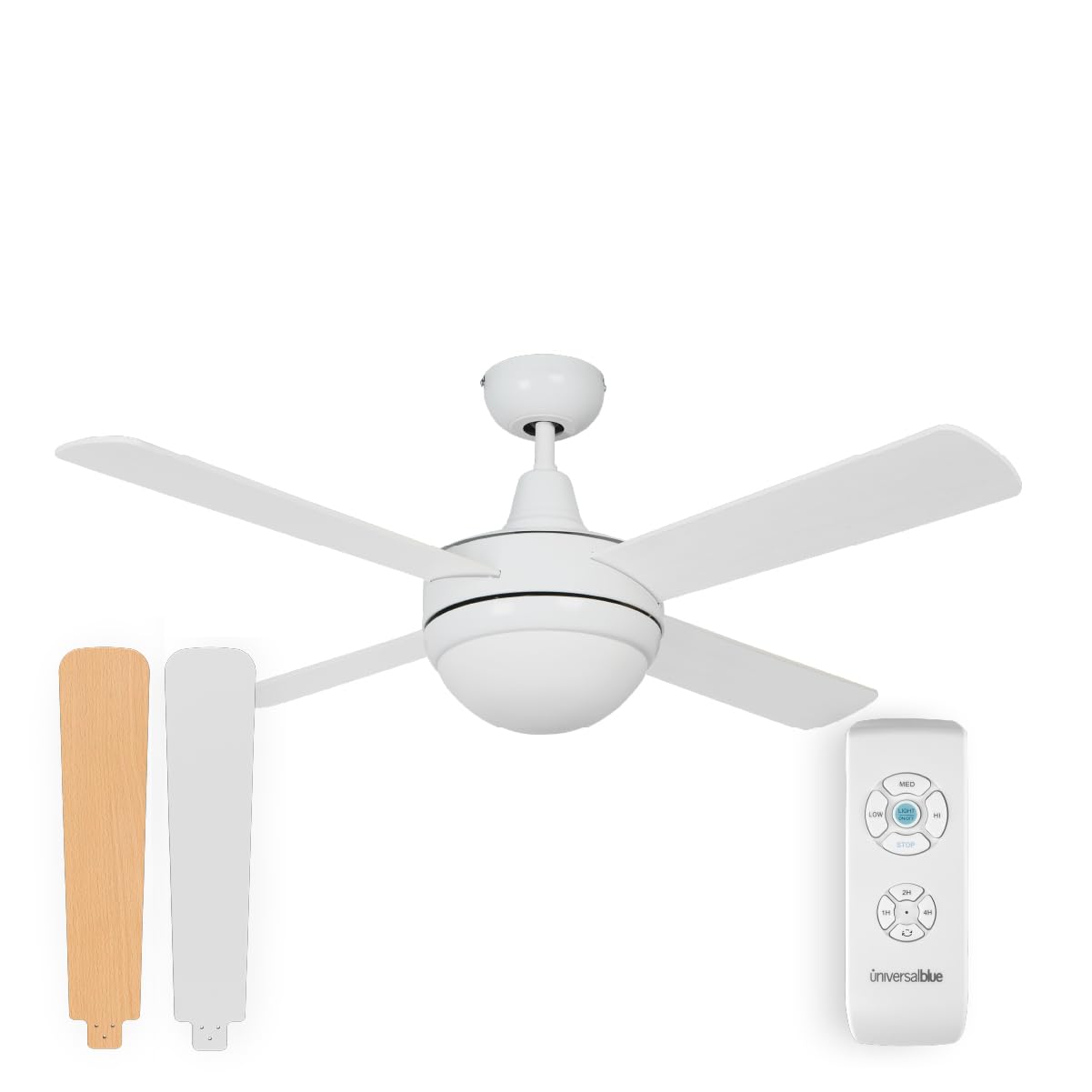 UNIVERSALBLUE Ventilador de techo con luz | Ventilador silencioso con Motor AC | Aspas reversibles color blanco y madera | Potencia 70 W | Temporizador y mando a distancia | Función Invierno