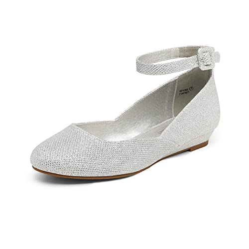DREAM PAIRS Women's Dress Flats Ballet Low Wedge Round Toe Ankle Strap Comfortable Casual Flats Shoes 8.5 Silver Glitter