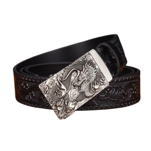 Men's Ratchet Dress Belt Sliding Automatic Buckle Engraved Silver Dragon Pattern, Western Cowboy Embossed Leather Strap