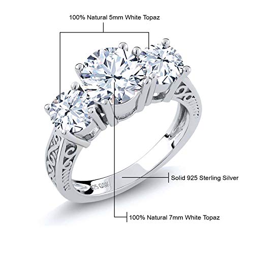 Gem Stone King 925 Sterling Silver White Topaz 3-Stone Engagement Ring For Women (2.90 Cttw, Gemstone Birthstone, Round 7MM and 5MM, Available In Size 5, 6, 7, 8, 9)3