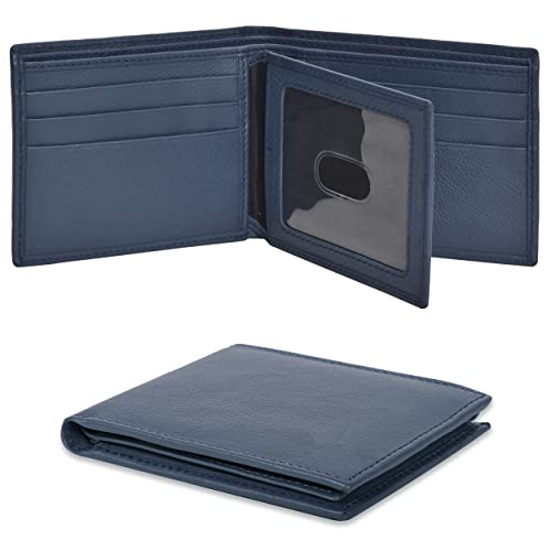 Large Capacity Blue Genuine Leather Bifold Wallet/Credit Card Holder for Men | 9 Credit Card Slots | Front Pocket