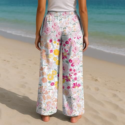 Wide Leg Linen Pants for Women Plus Size High Waisted Elastic Waistband Loose Trousers with Deep Pockets3