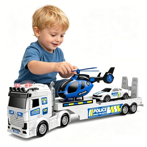 DWIRCTOYS Police Semi Truck Toy, 25 Inch Friction Powered with Helicopter