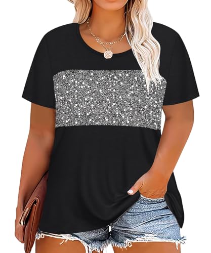 CARCOS Plus Size Tops for Women Short Sleeve Summer Pullover Color Block Crewneck/V Neck Tee Tunic Loose Fit Tshirts XL-5XL