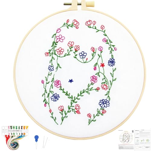 Image of Woman Flowers Embroidery Kits for Beginners Adults, Floral Hand Embroidery Starters Kits, Stamped Cross Stitch Kits DIY Needlepoint Kits for Beginners Adult, Embroidery Hoop, Thread and Video Tutorial