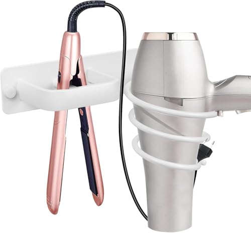 YUET Hair Dryer Holder Hairdryer Straightener Station Wall Mounted Metal Spiral Shelf Bracket Stand Hanger Organizer Blow Storage With Cable Tidy Rack For Dressing Table Bathroom Professional White