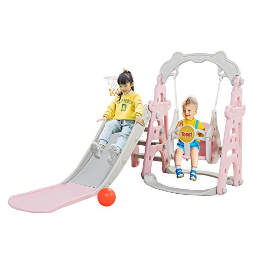 TOBBI 4 in 1 Kids Slide and Swing Set for Indoor and Outdoor, Freestanding Slide for Toddler Play Climber Slide Playset with Basketball Hoop, Pink and Grey