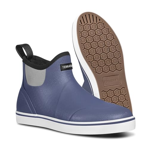 TerraTrax Men's Waterproof Deck Boots, Anti-Slip Ankle Rain & Work Boots for Fishing, Farming - Short Slip On Rubber Chelsea Shoes (Lightweight), GreyBlue & Size 11