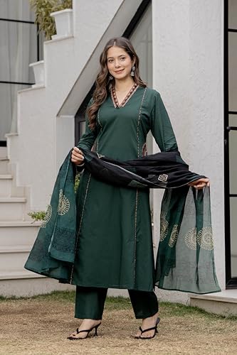 Image of MEERA FAB Women Floral Printed Pure Cotton Straight V-Neck Kurta with Palazzos & Dupatta