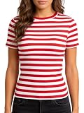 YumiDay Striped Shirt Women Short Sleeve(red/White,M)