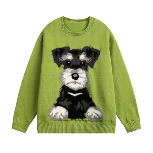 Image of Women's Oversized Vintage Animal Dog Graphic Crewneck Holiday Sweater Long Sleeve Knitted Pullovers Tops