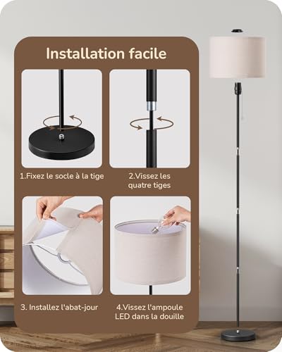 Lampadaire lin beige LED E27 145 cm, EDISHINE
