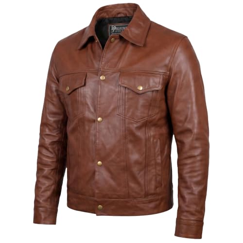 Image of Vintage Style Trucker Leather Jacket Men Real Lambskin Vintage Trucker Shirt Collar Mens Leather Jackets