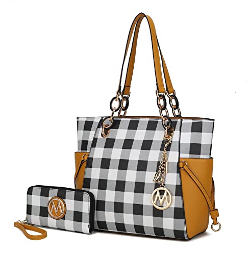 Image of J'OMOR BY MIA Women's Tote Bag With Wristlet Wallet Bag, Checkered Vegan Leather Handbag Purse Set