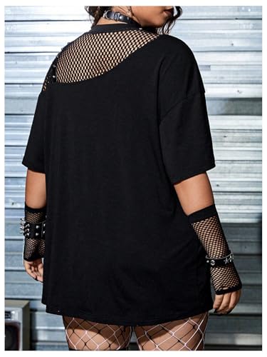 Verdusa Women's Plus Size Skull Letter Mesh Tees Y2k Punk Studded Half Sleeve T Shirt3