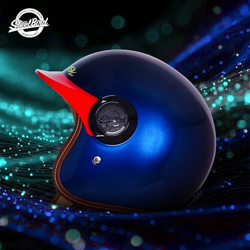 Image of Steelbird SBH 65 Retro 3.0 DOT and ISI Certified Open Face Helmet for Men and Women (X-Large 620 MM,Glossy Armada Blue with Red Peak)