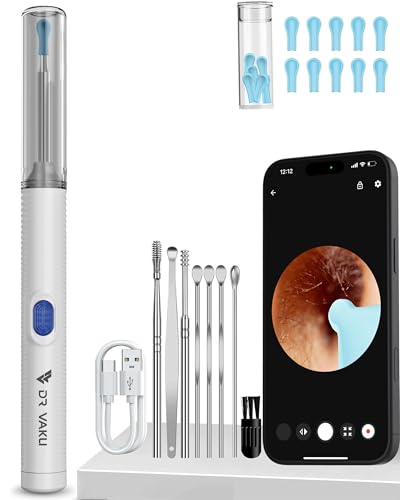 Image of DR VAKU Clenzio Earocam Earwax Removal Tool with Extra Cleaning Kit (Set of 8) with HD Camera Wifi Connection & 6 LED Lights Endoscope Tool Ear Cleaner for iOS & Android +11 Silicone Tips Free-White