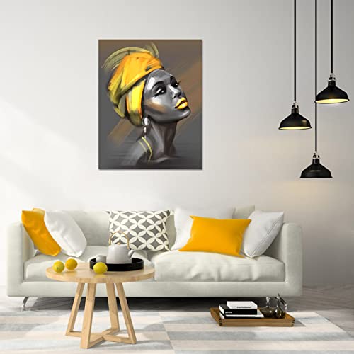 Lb Framed African American Women Canvas Wall Art Black Woman Yellow Hair Beauty Abstract Painting Canvas Prints Living Room Bedroom Bathroom Home Decoration Ready To Hang,12X16 Inch #TOP1
