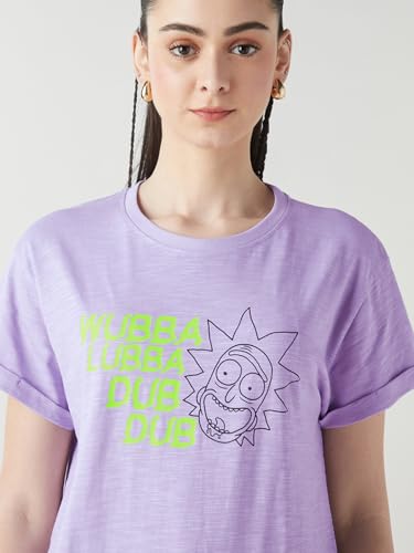 Image of Bewakoof Women's Cotton Slub Relaxed Fit Air 1.0 Official Rick and Morty Merchandise Graphic Printed Boyfriend Fit Half Sleeve Round Neck T-Shirt