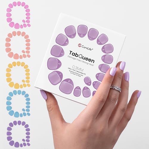 CurvLife TabQueen Strong Press On Nail Adhesive Tabs 10 Sheets 180PCS 18 Sizes Strong Hold Nail Glue Stickers 0.3mm Ultra-Thin Sticky Tabs Waterproof Easy Peel Gentle Removal