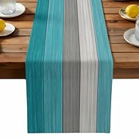 Vandarllin Runner da tavola in cotone e lino, stile retrò, rustico, con struttura in legno, sfumate, blu acqua, grigio, rettangolare, decorazione per cucina, casa, sala da pranzo, vacanze, 177,8 cm di