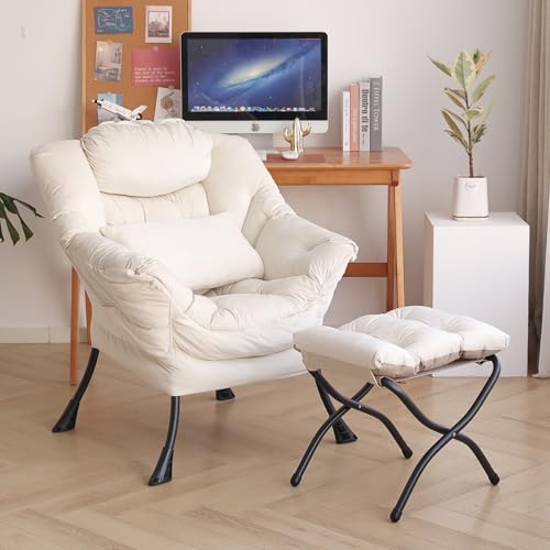 DreamNook Lazy Chair with Ottoman, Modern Accent Chair with Lumbar Pillow, Velvet Beige Sofa...