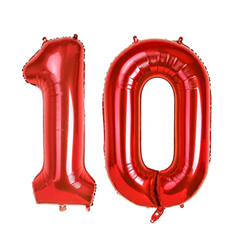 Red Large Numbers 10 Balloons, 40 Inch Big Helium Foil Number Balloons, 2 Pcs Digital Balloons for Girls Boys 10th Birthday Party Decorations/Anniversary Party Supplies (Number 10, Red)