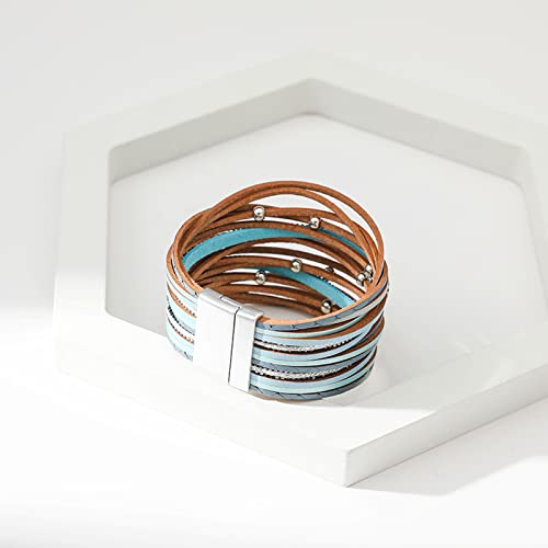 Stackable Bohemian Multilayer Bracelets Set For Women Girl Leather Cuff Bracelet Set Multilayer Wrap Bracelet Bracelet Magnetic Clasp Girl Wristbands Jewelry Armband Gifts (Light Blue, One Size) #TOP6