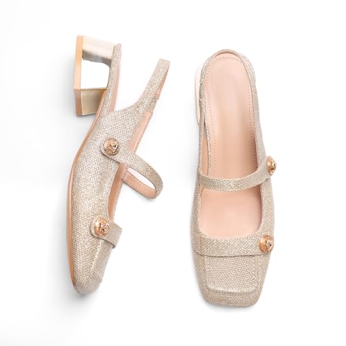 Image of Slingback Mary Jane Heels for Women Low Block Heel Closed Square Toe Pump Shoes Heels Classic Daily Office Dressy Shoes