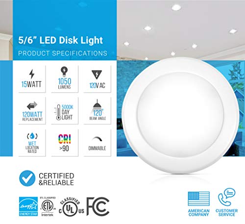 PARMIDA (24 Pack) 5/6” Dimmable LED Disk Light Flush Mount Recessed Retrofit Ceiling Lights, 15W (120W Replacement), 5000K, Energy Star & UL-Listed, Installs into Junction Box Or Recessed Can, 1050lm