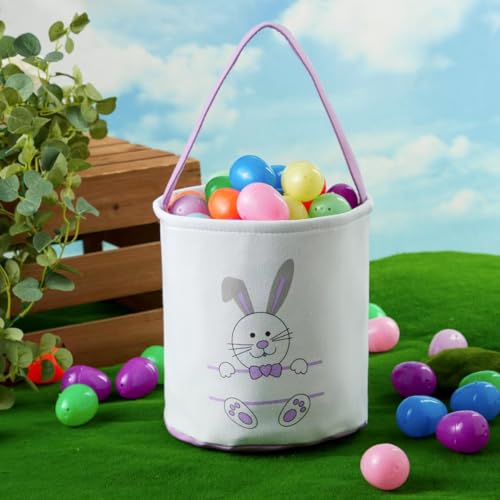 Image of Easter Bucket, Canvas Easter Bunny Basket, Bunny Face Print Basket, Easter Basket with Handle for Easter Egg Hunts for Easter Party Gifts (Purple)