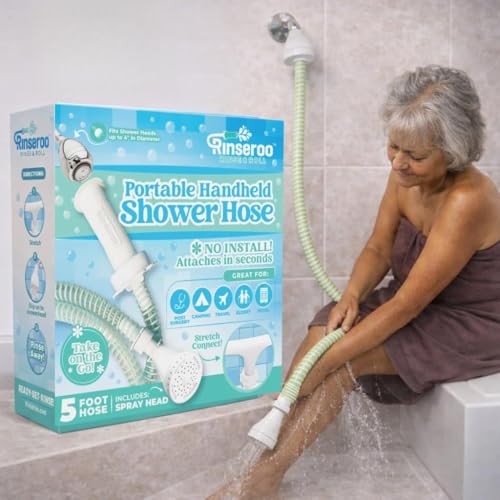 Rinseroo: Slip-On Handheld Shower Attachment Hose w/Spray Head-for Seated Bathing. Converts Fixed Shower Head into Handheld Bather. Portable No-Install Shower Hose Wand for Seniors RV. Gravity fed.