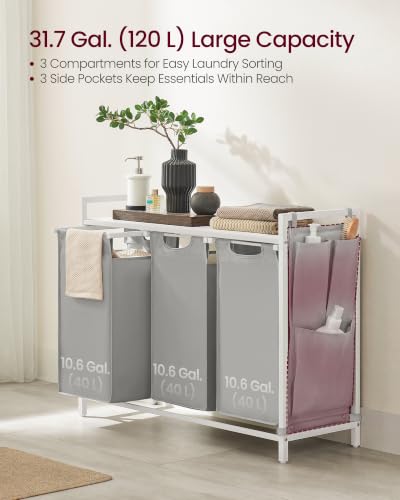 Image of VASAGLE Laundry Hamper with Shelf, 3 Pull-Out Bags, 3 x 10.6 Gallons (40 L)