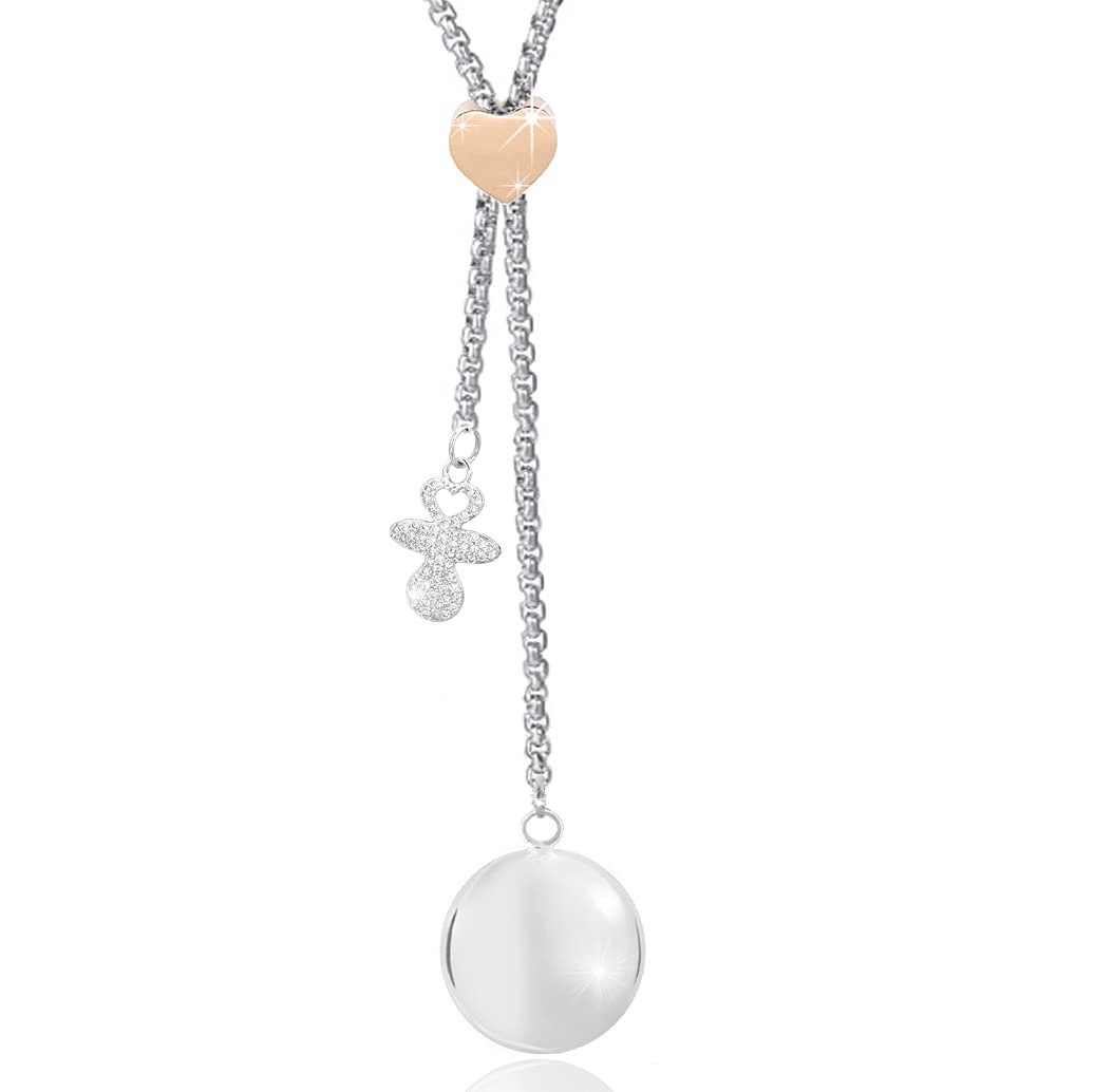 SAGA GIOIELLIAngel Caller Necklace Pregnancy Bola Risers Adjustable Length Charm Pacifier, Stainless Steel, Brass, Crystals
