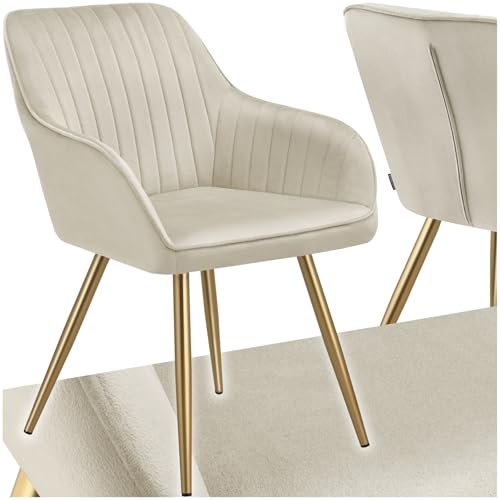 tectake® Silla de Comedor con Tapizado Aterciopelado Acolchado, Silla de Cocina Elegante y Moderna, Patas de Acero, Fácil Limpieza, Ideal Silla Salón, Tocador, Dormitorio   1 Silla Crema/Oro